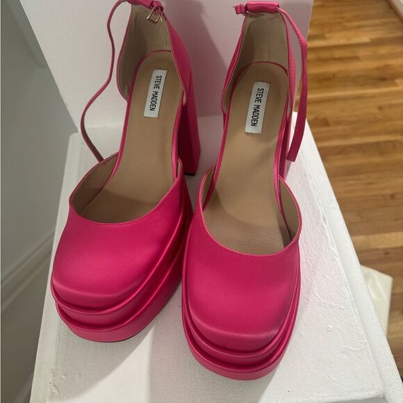 Steve Madden Charlize Pink Satin Double Platform Ankle Strap Pumps - Picture 9 of 11